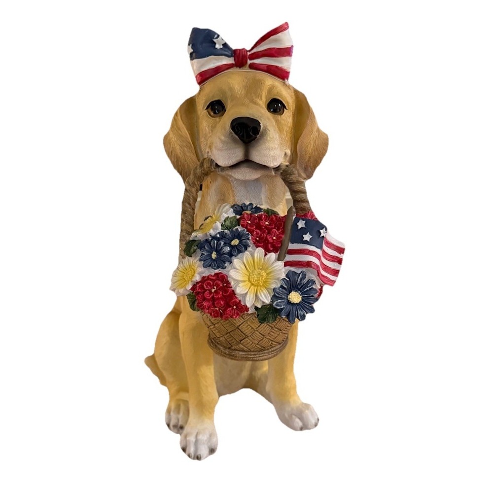 Americana Patriotic 4th Of July Patriotic Puppy Dog Flag Bow Holding Basket 16"